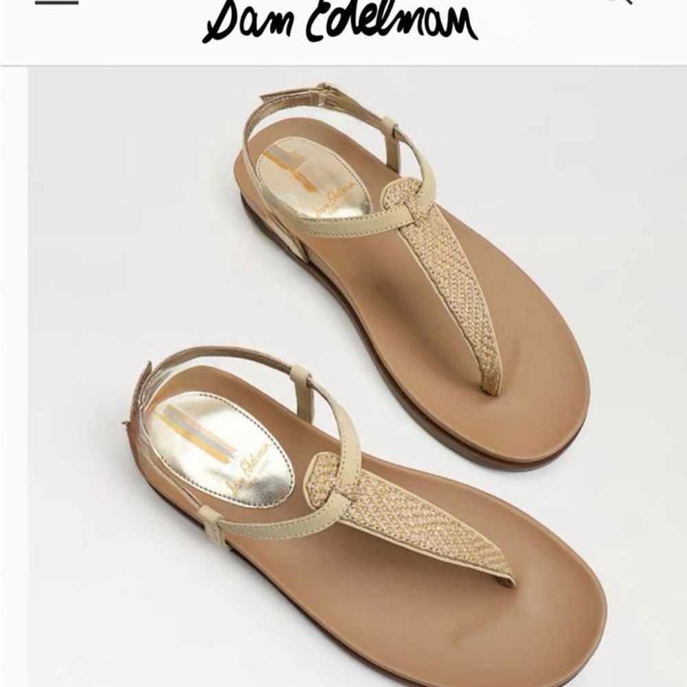 Sam Edelman Naomi Beige T-Strap Sandals with Gold Detail